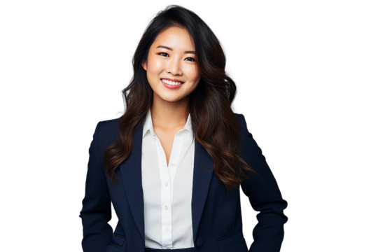 Portrait of young and successful Asian businesswoman wearing a black business suit, confident look, on transparent background, png file - Powered by Adobe