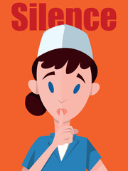 Silence Poster: Nurse Gesturing Silence with Finger on Lips - English