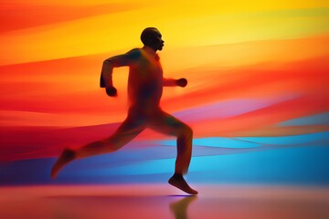 Fototapeta na wymiar silhouette of a man running against a rainbow-colored background. Generative AI
