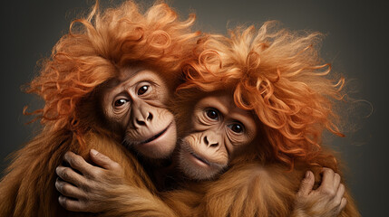 casal de macacos engraçados abraçados, feliz dia dos namorados animal  - obrazy, fototapety, plakaty