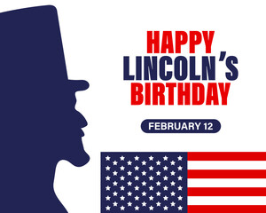 Abraham Lincoln Birthday banner with Lincoln's profile against the background of the US flag. Holiday poster, vector