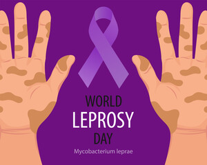 World leprosy day banner with hands and purple awareness ribbon. Healthcare and medicine. Vector