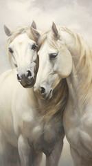 Obraz na płótnie Canvas Emoção equina, capturando o abraço terno de dois cavalos majestosos em um cenário campestre idílico