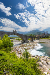 Gobbo Bridge also Devil Bridge or Ponte del Diavolo or Ponte Gobbo in Bobbio, Piacenza province, Trebbia Valley, Emilia Romagna, Italy