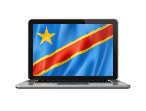 Democratic Republic of the Congo flag on laptop screen isolated on white. 3D illustration