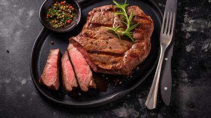 Grilled beef steak with spices on cutting board. Top view