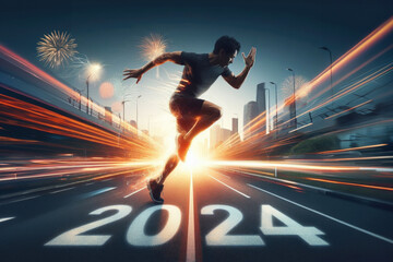 Starting to new year 2024 and need for speed to begin new year . Man running and sprinting on road with 2024 success concept - obrazy, fototapety, plakaty