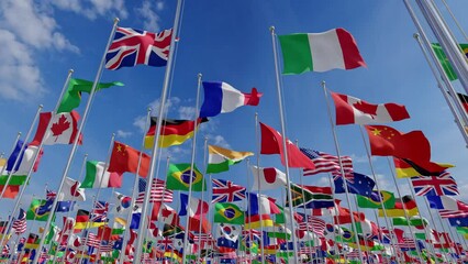 Waving flags countries of members Group of Twenty. 3d rendering. Group of twenty countrys.
Big G20 flag summit Silk waving flags countries of members Group of Twenty political world leaders  - Powered by Adobe