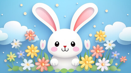 Obraz premium Cute Easter bunny with flowers.