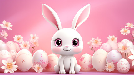 Naklejka na ściany i meble Cute Easter bunny with flowers.