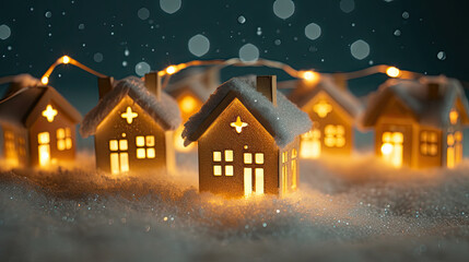 winter village,  Abstract Christmas Winter, Greeting Card with Wooden Houses Christmas String Lights in Cold Snow Landscape and Glowing Golden Lights in Background. Christmas or Energy themes. 