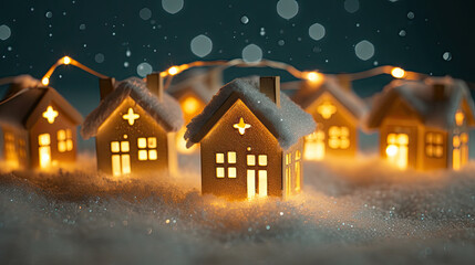 Naklejka premium winter village, Abstract Christmas Winter, Greeting Card with Wooden Houses Christmas String Lights in Cold Snow Landscape and Glowing Golden Lights in Background. Christmas or Energy themes. 