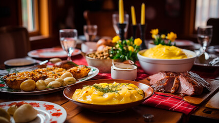 Baked pork shank served with baked potatoes, horseradish, mustard. Traditional Polish dish. Generative AI