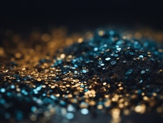 Fototapeta premium Abstract shiny, shimmering background, gold, blue sparkling particles, glitter, light effect. AI generated