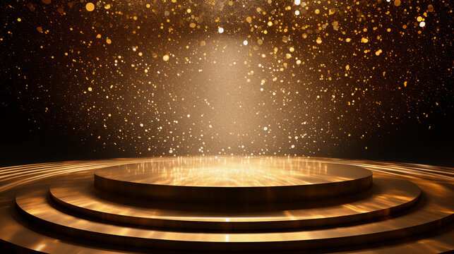 Golden podium illuminated with spotlight and gold glitter illustration