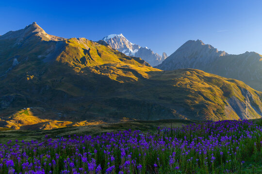 Landscape near Col du Petit-Saint-Bernard with Mont Blanc, on border France and Italy