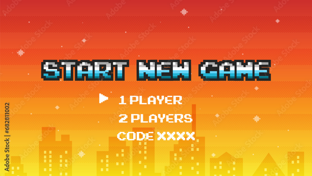 Aufkleber start a new game background with player selection.8 bit game.retro game.