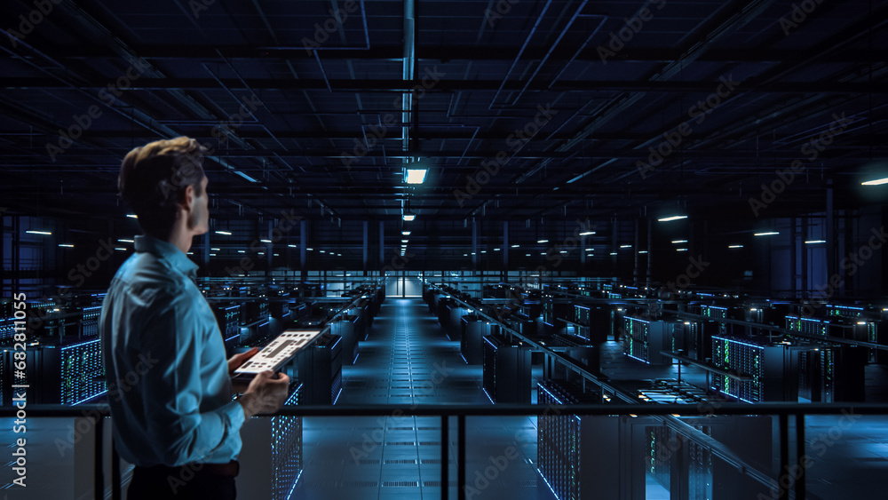 Poster IT Specialist Uses Tablet Computer in Data Center Room. Server Farm Cloud Computing Facility with Maintenance Administrator Working. Cyber Security Engineer Working in Network Protection.