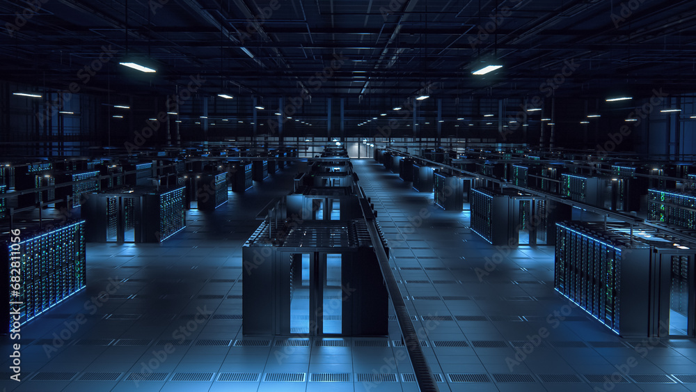 Aufkleber modern data technology center server racks in dark room with vfx. futuristic visualization concept o