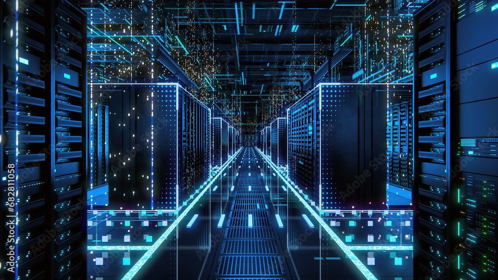 Leinwandbilder Data Technology Center Server Racks in Dark Room with VFX. Detailed Visualization Concept of Internet of Things, Data Flow, Digitalization of Internet Traffic. Information Storage Equipment.