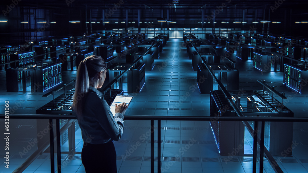 Aufkleber Female IT Specialist Uses Tablet in Data Center. Server Farm Cloud Computing Facility with Maintenance Administrator Working. Cyber Security Engineer Working in Personal Network Protection.