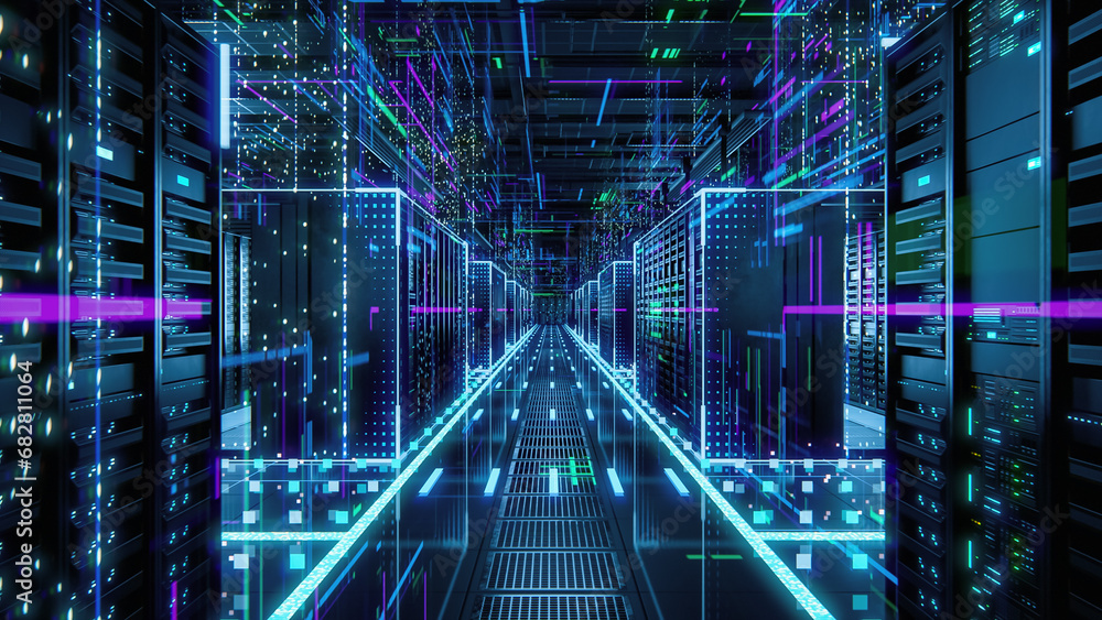Poster Data Technology Center Server Racks in Dark Room with VFX. Detailed Visualization Concept of Internet of Things, Data Flow, Digitalization of Online Traffic. High Tech Information Equipment.