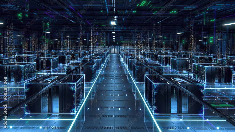 Poster Big Data Technology Center Server Racks in Dark Room with VFX. Futuristic Visualization Concept of Internet of Things, Data Flow, Digitalization of Traffic. Information Equipment in Warehouse