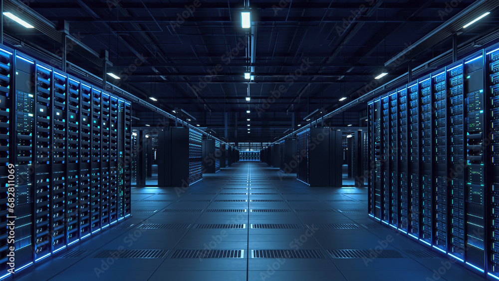 Poster Modern Data Technology Center Server Racks in Dark Room with VFX. Visualization Concept of Internet of Things, Data Flow, Digitalization of Internet Traffic. Complex Electric Equipment Warehouse.