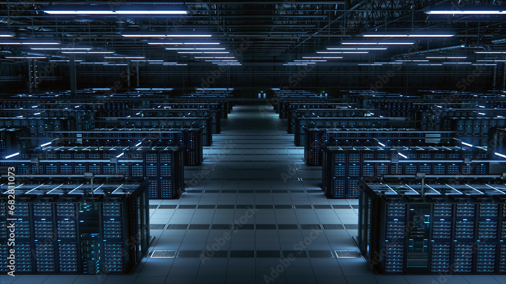 Poster data technology center server racks working in dark room. concept of internet of things, big data pr