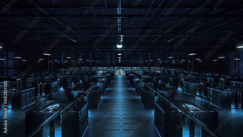 Fototapete Modern Empty Data Center: IT Specialists Left After The Shift. Server Farm Cloud Computing Facility. System Administration Department. Data Protection Engineering Network for Cyber Security.