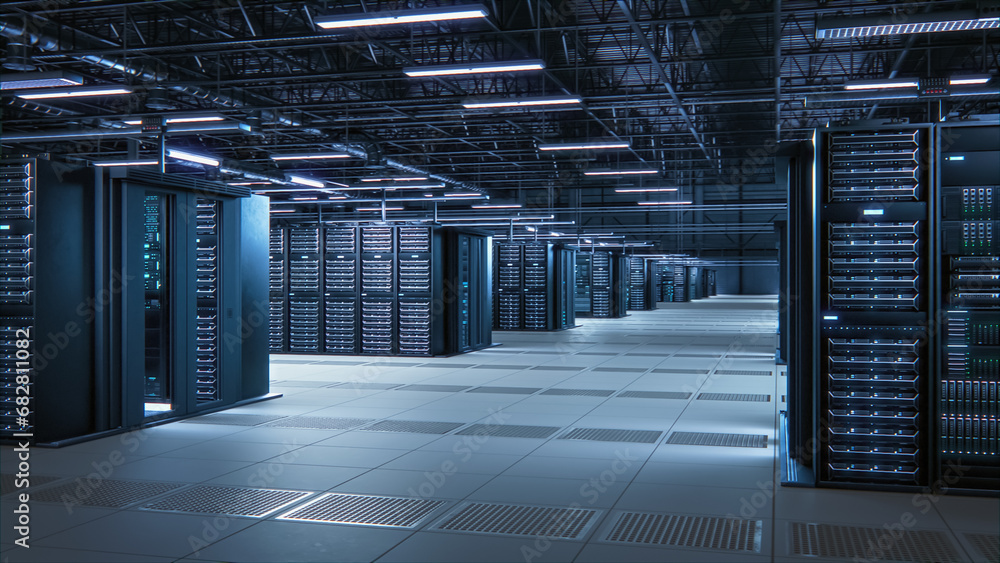 Poster Modern Data Technology Center Server Racks Working in Well-Lighted Room. Concept of Internet of Things, Big Data Protection, Storage, Cryptocurrency Farm, Cloud Computing. 3D Facility Footage.