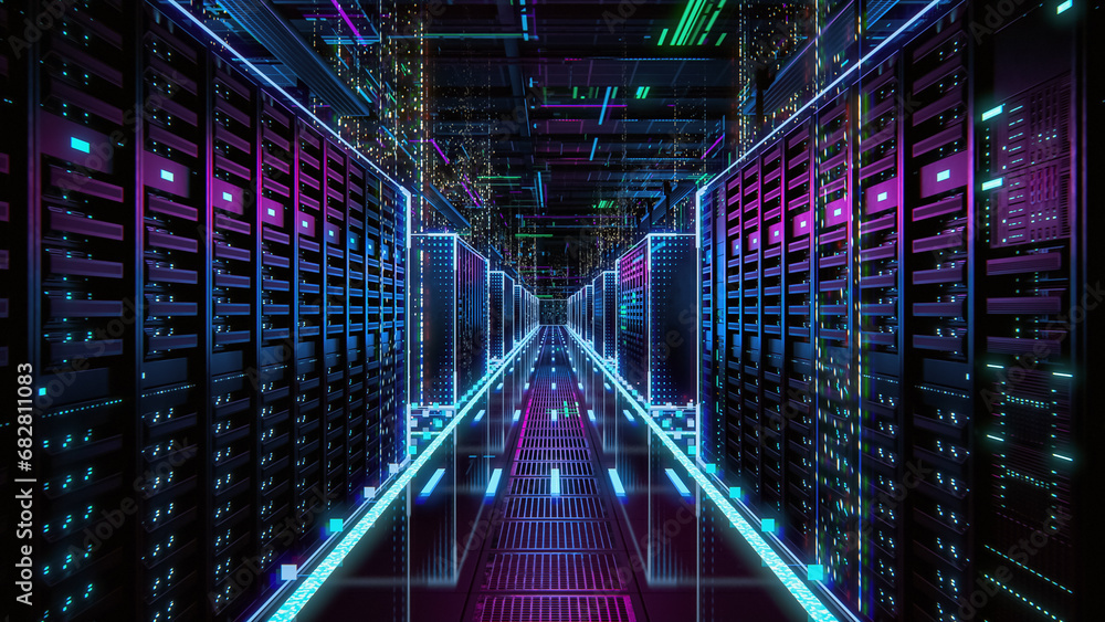 Fototapete modern data technology center server racks in dark room with vfx. detailed visualization concept of 