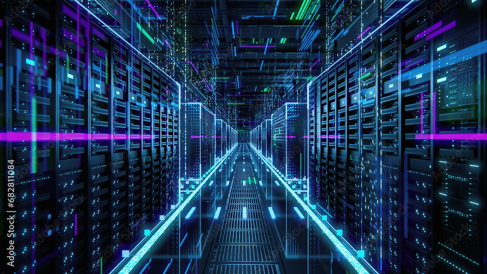 Poster Data Technology Center Server Racks in Dark Room with VFX. Detailed Visualization Concept of Internet of Things, Data Flow, Digitalization of Online Traffic. High Tech Information Storage Equipment.