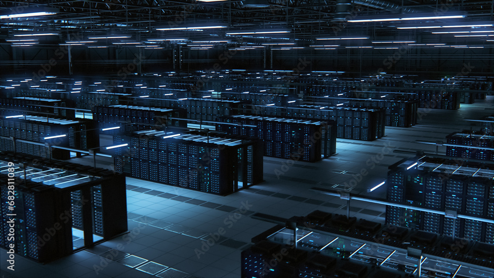 Poster Modern Data Technology Center Server Racks Working in Dark Room. Concept of Internet of Things, Big Data Protection, Storage, Cryptocurrency Farm, Cloud Computing. 3D Computer Graphics.