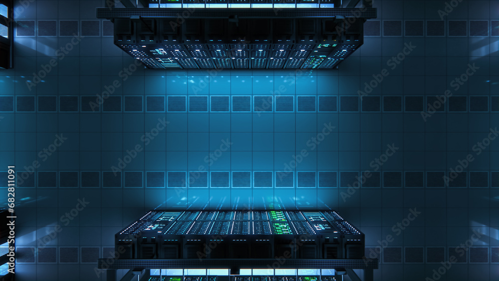 Poster Modern Data Technology Center Server Racks Working in Dark Facility. Concept of Internet of Things, Big Data Protection, Storage, Cryptocurrency Farm, Cloud Computing. 3D Top Down Warehouse Render.