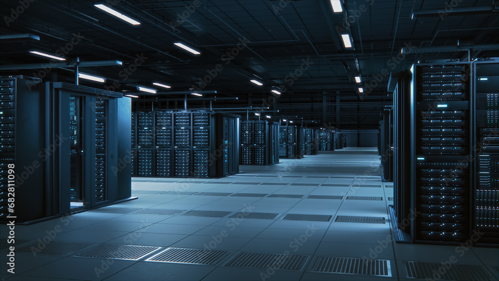 Poster Modern Data Technology Center Server Racks Working in Well-Lighted Facility. Concept of Internet of Things, Big Data Protection, Storage, Cryptocurrency Farm, Cloud Computing. 3D Facility Mock Up.