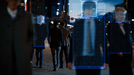 Crowd of Business People Tracked with Technology While Walking on Busy Evening Urban City Street....