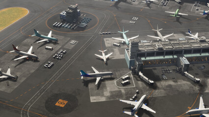 Aerial View of a 3D Commercial Airport Render with Parked Planes, Passenger Terminals, Runway and...