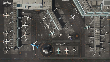 Aerial View of a 3D Commercial Airport Render with Airplanes, Passenger Terminals, Runway and...