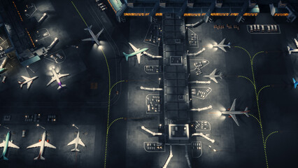 Aerial View of a 3D Commercial Airport Render with Airplanes, Passenger Terminals, Runway and...