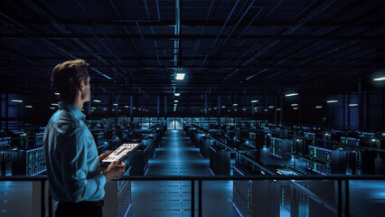 IT Specialist Uses Tablet Computer in Data Center Room. Server Farm Cloud Computing Facility with...