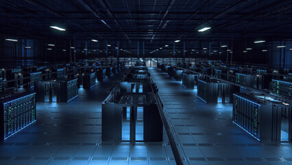 Modern Data Technology Center Server Racks in Dark Room with VFX. Futuristic Visualization Concept of Internet of Things, Data Flow, Digitalization of Traffic. Information Equipment in Warehouse