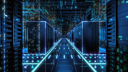 Data Technology Center Server Racks in Dark Room with VFX. Detailed Visualization Concept of Internet of Things, Data Flow, Digitalization of Internet Traffic. Information Storage Equipment.