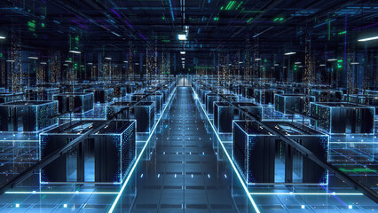 Big Data Technology Center Server Racks in Dark Room with VFX. Futuristic Visualization Concept of...