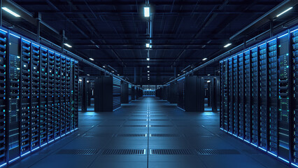 Modern Data Technology Center Server Racks in Dark Room with VFX. Visualization Concept of Internet of Things, Data Flow, Digitalization of Internet Traffic. Complex Electric Equipment Warehouse.