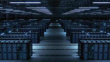 Data Technology Center Server Racks Working in Dark Room. Concept of Internet of Things, Big Data...