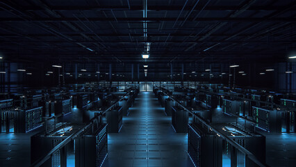 Modern Empty Data Center: IT Specialists Left After The Shift. Server Farm Cloud Computing...