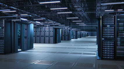 Modern Data Technology Center Server Racks Working in Well-Lighted Room. Concept of Internet of...