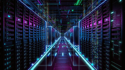 Modern Data Technology Center Server Racks in Dark Room with VFX. Detailed Visualization Concept of Internet of Things, Data Flow, Digitalization of Internet Traffic. Information Storage Equipment. - obrazy, fototapety, plakaty