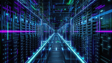 Data Technology Center Server Racks in Dark Room with VFX. Detailed Visualization Concept of Internet of Things, Data Flow, Digitalization of Online Traffic. High Tech Information Storage Equipment.